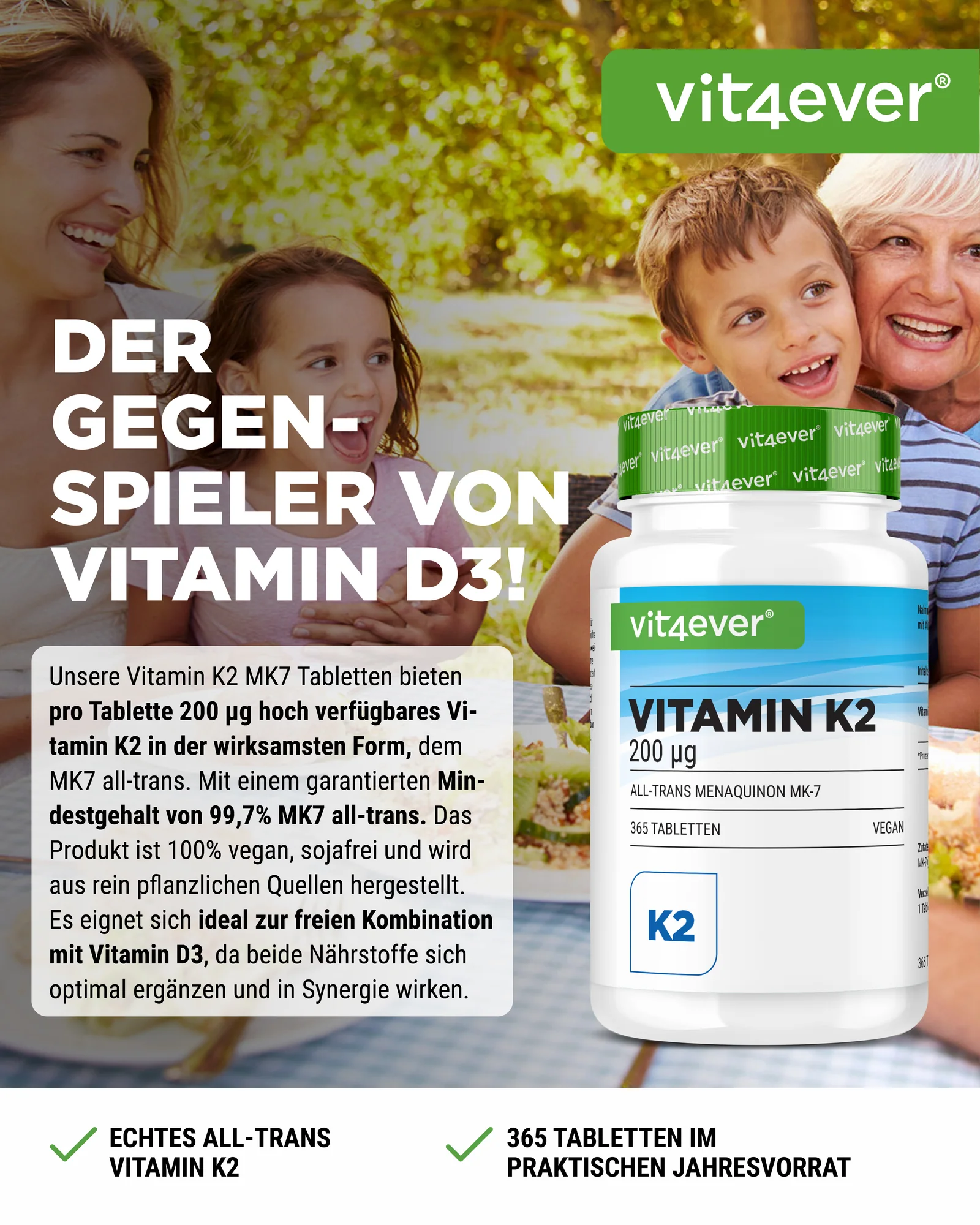 Vit4ever K2 MK-7 200 µg – 365 tabletta | All-Trans K2-vitamin egyéves kiszerelés